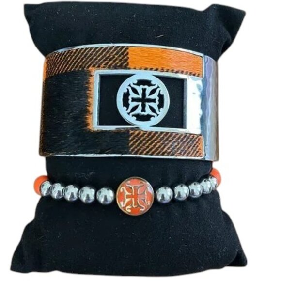Rustic Cuff Set of Two Orange and Black Stretch and Calfhair Cuff Bracelets - Picture 1 of 9